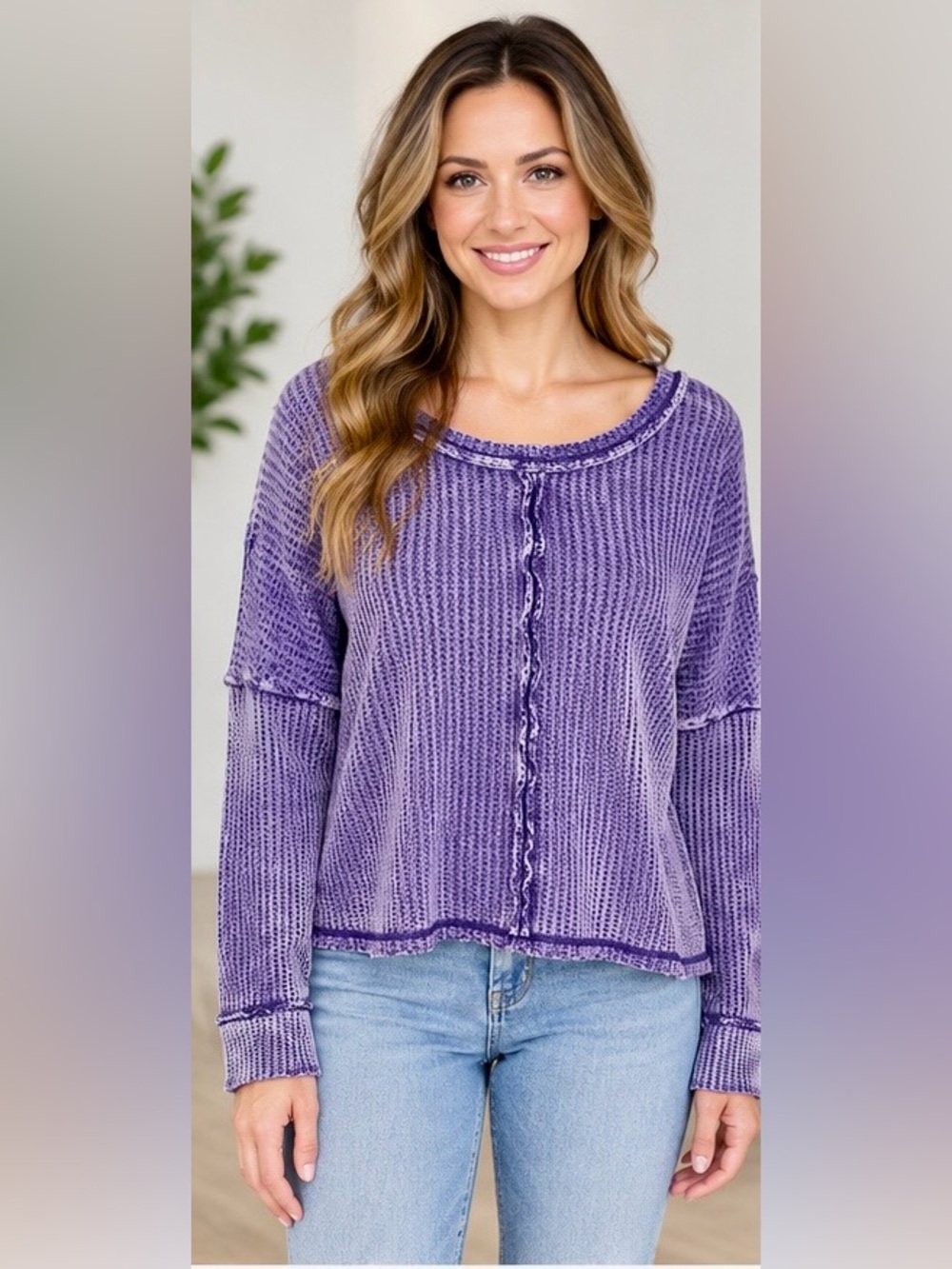 Zenana Outfitters Purple Long Sleeve Waffle Textured Exposed SeamCropped Top NWO
